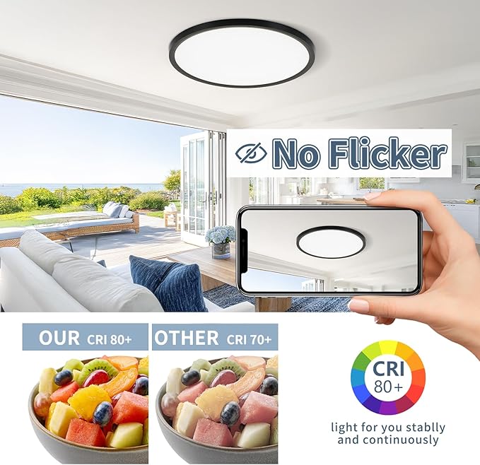 14.9 Inch 2PK LED Flush Mount Ceiling Light, ETL ,32W, 3343LM, 3000K/3500K/4000K/5000K/6500K CCT Selectable, 0.66in Ultra Thin Round Flat Panel Ceiling Light Fixture for Bedroom, Kitchen, (Black)