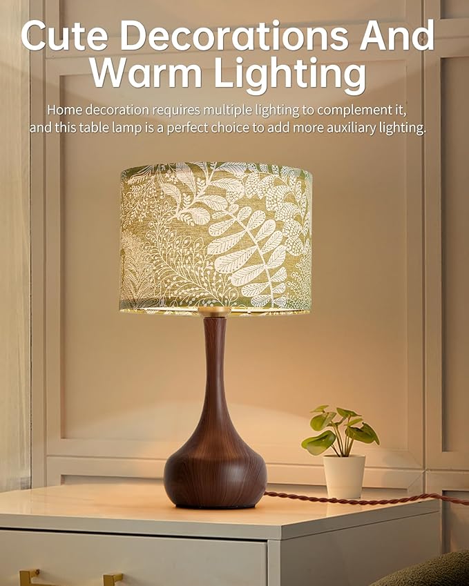Vintage Boho Green Flower Fabric Red Wood Pattern Bedside Nightstand Table Lamp for Bedroom, Mid Century Modern Farmhouse Decorative Table Lamp Desk Lamp for Living Room Hallway Home Office