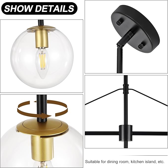 Linear Chandeliers for Dining Room Light Fixtures Over Table Hanging, 5-Light Modern Kitchen Chandelier, Industrial Black and Gold Island Lights with Clear Globe Glass Shades