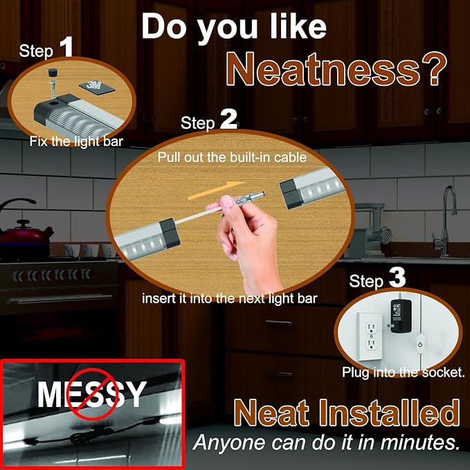 LED under cabinet lights Built-in 45cm/18" Adjustable Cable as Long as you Want Mid Input Jack easy access to power at the location closest to the plug 3Pcs 1350Lm 4500K Super Bright for Pantry Garage