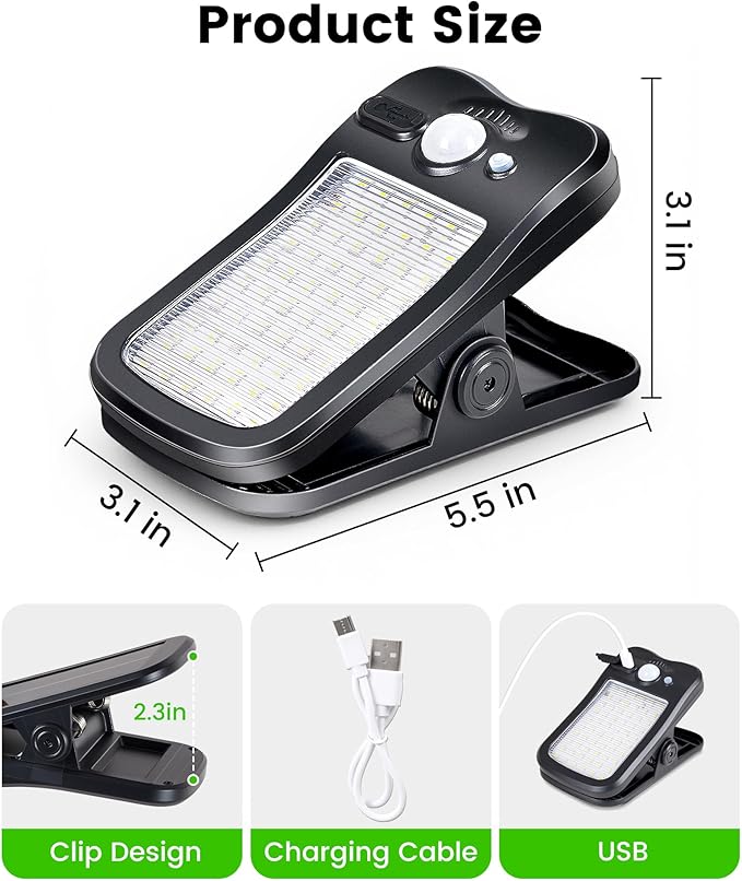 Clip on Solar Lights for Fence, 3 Modes Solar Motion Lights Outdoor Waterproof, 60LEDs 500LM Portable Security Light for Fence, Deck, Garage, Camping, USB Charging, 2 Black