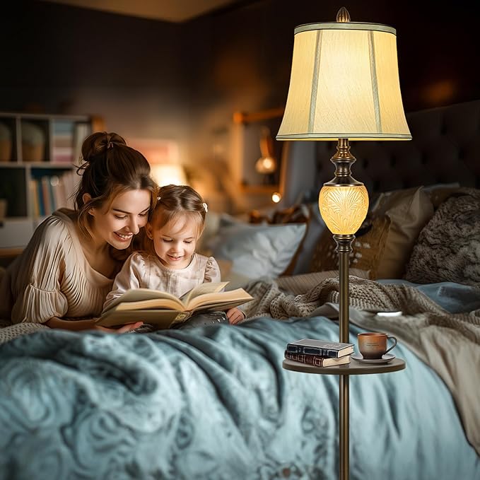 64" Vintage Floor Lamp for Living Room with Tray and Nightlight Farmhouse Tall Standing Lamp with Beige Faux Silk Shade Rustic Reading Lamp Decor for Bedroom Home Office Hotel Bar (Bulb Included)