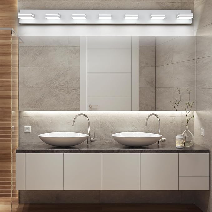 SineRise LED Modern Bathroom Vanity Light Fixtures (7-Light, 55-Inch), Matte White Modern Acrylic Bathroom Wall Lighting Fixtures Over Mirror (Cool White 6000K)
