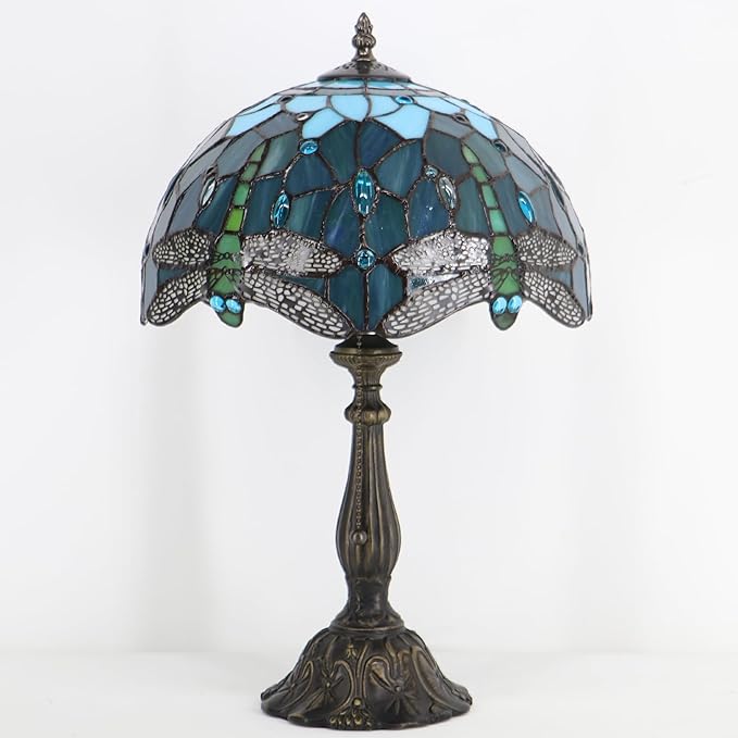Tiffany Style Lamp Stained Glass Table Lamp Memory Sympathy Desk Reading Light 12X19 Inch (Sea Blue Dragonfly)