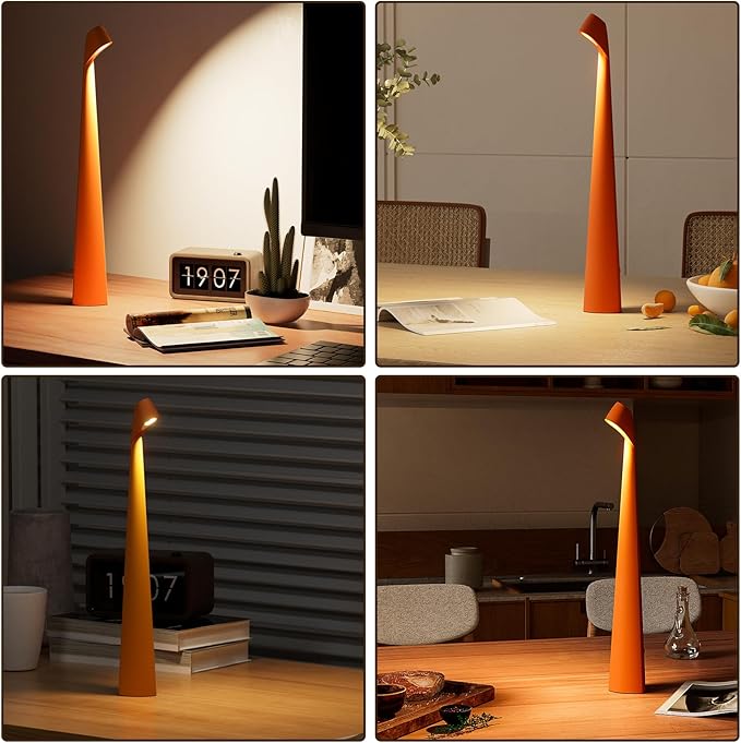Portable Cordless LED Desk Lamp, Rechargeable Wireless Table Lamp, 3-Level Brightness, Patio & Bedside Night Light, Dining Room Ambient Reading Light (Orange)