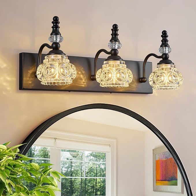 Modern Crystal Bathroom Vanity Light Black Vintage Bathroom Light Fixtures 3-Lights Glass Crystal Vanity Lights