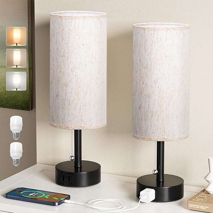 Fenmzee Bedside Table Lamps Set of 2-3 Color Temperatures Pull Chain Lamp with AC Outlet Charging Port, Small Round Night Stand Lamps for Bedroom Guest Room Office, Bed Side Light with E26 LED Bulbs