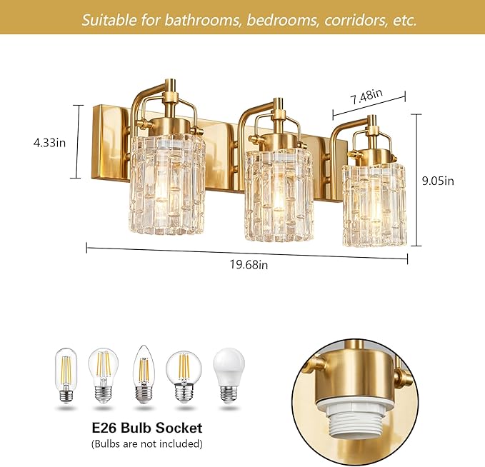 Modern 3-Light Vanity Light with Crystal Glass Shade - Gold Bathroom Light Fixture