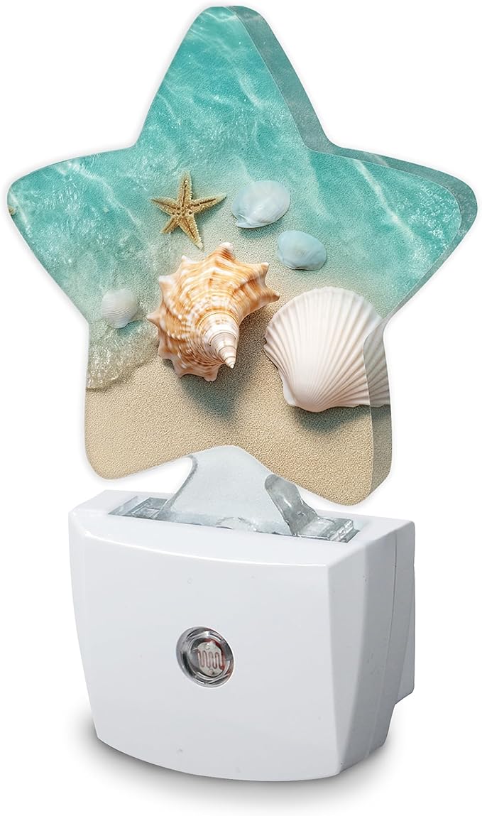 Beach Starfish Shells Plug-in Night Light with Dusk-to-Dawn Sensor for Bathroom,Bedroom and Hallway Sleep Friendly Lamp for Women/Girls/Boys Gift,0.5w