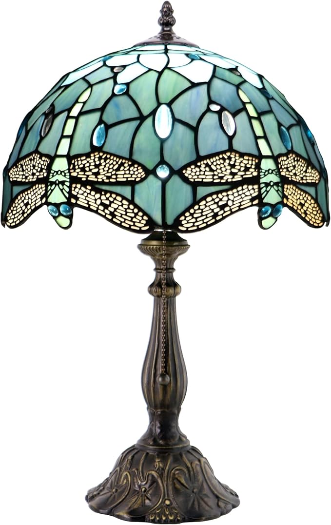 Tiffany Style Lamp Stained Glass Table Lamp Memory Sympathy Desk Reading Light 12X19 Inch (Sea Blue Dragonfly)