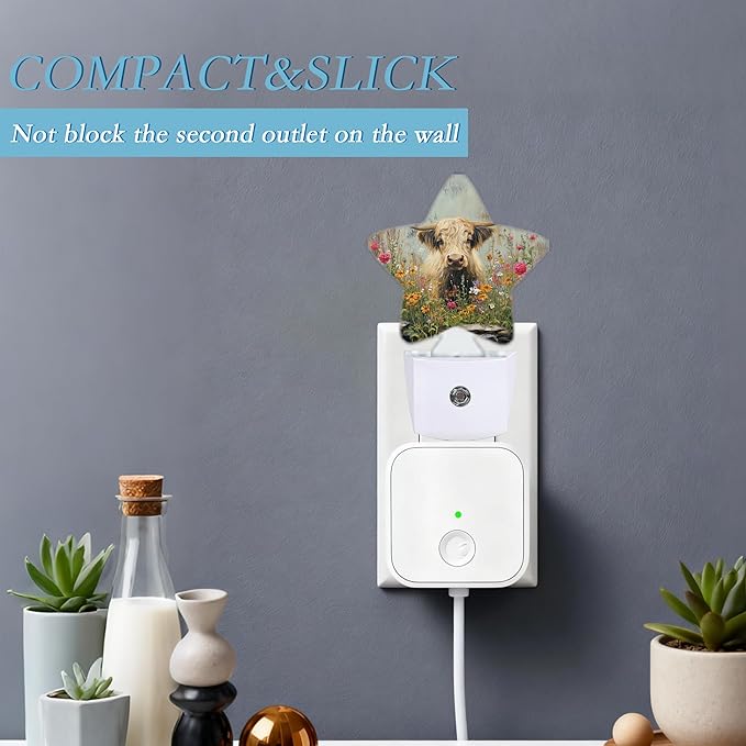 Highland Cows Night Light,Flower Plug-in Night Light Auto Dusk-to-Dawn Sensor Energy Efficient Led Lamp for Room Decor,Hallway,Kitchen,Bathroom,Plug-in,Decor Desk Lamp Gifts