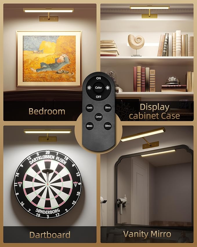EZVALO Picture Light for Wall, 4800mAh Rechargeable Wireless Remote, 16'' Dimmable Magnetic LED Art Display Light with 3 Color Temperatures, for Gallery, Living Room, Bedroom, Hallway (Gold-2Pack)