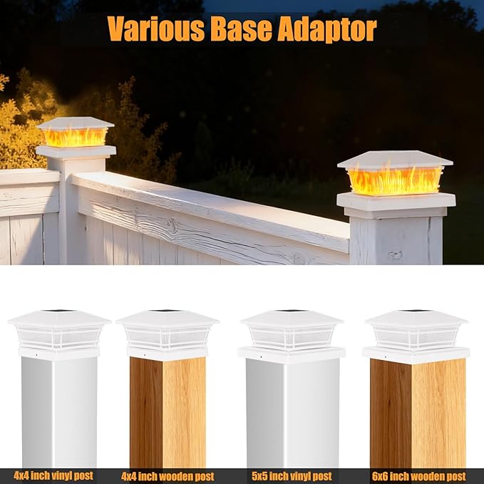8 Pack Flame Post Solar Lights, Flickering Flame & Warm Light Solar Lights for Fence Posts, Waterproof Deck Post Lights for Porch Garden Yard for 4x4 5x5 6x6 Vinyl/Wooden Posts, White