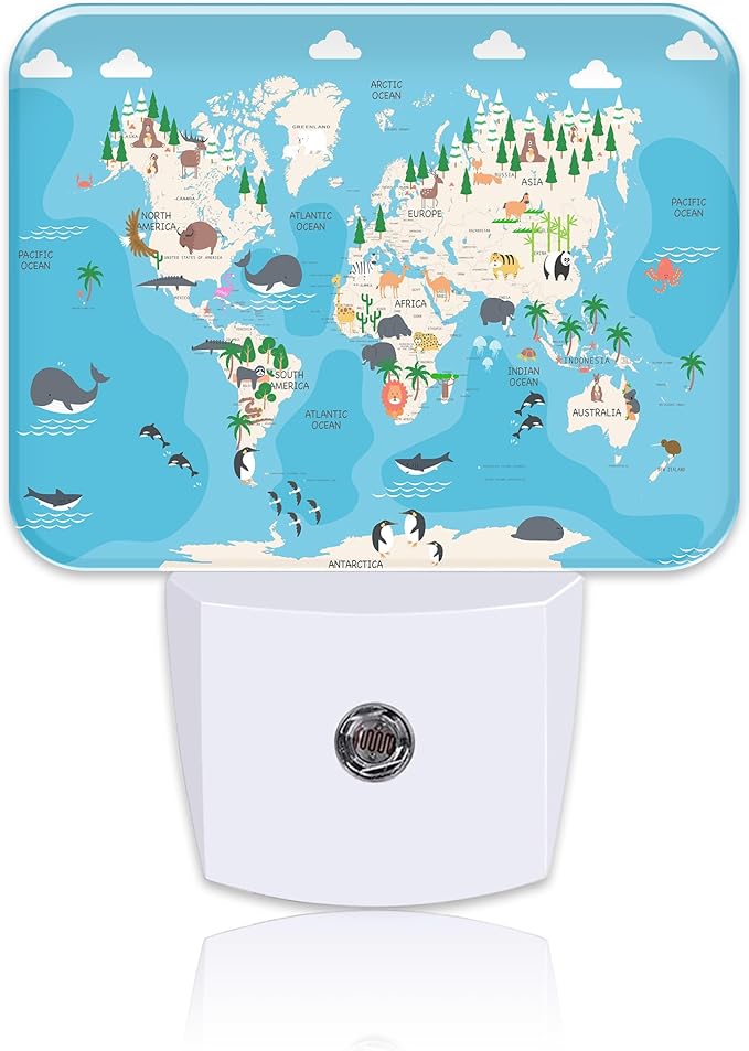 Cute Animal World Map Night Light for Kids Girls Boys, Cartoon World Map LED Night Light Plug into Wall with Dusk to Dawn Sensor for Room, Hallway, Kitchen, Bathroom, Stairs Decor