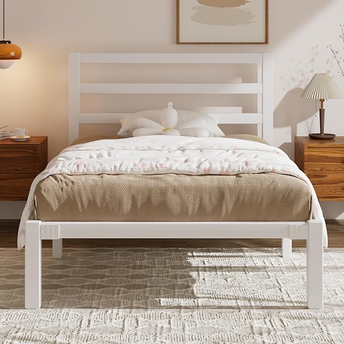 Twin Size Bed Frame, Metal Platform Bed Frame with Headboard, Mattress Foundation with Spacious Underbed Storage, No Box Spring Needed, Easy Assembly, White