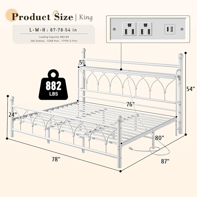EnHomee 54" King Bed Frame with Headboard, Metal King Size Bed Frame with LED Lights and Power Outlets, Heavy Duty Steel Slats Support with Storage, Sturdy & Noise-Free, No Box Spring Needed, White