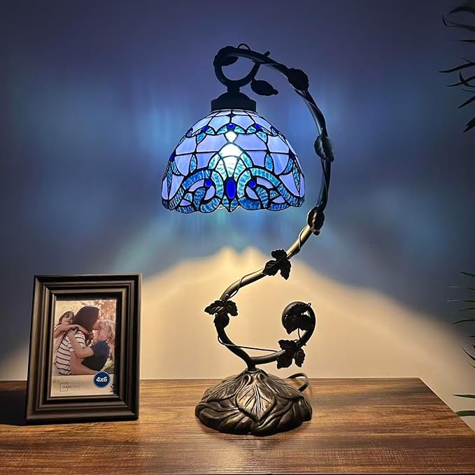 Stained Glass Table Lamp Blue Baroque Style Iron Metal Leaves Bronze Base Included LED Bulb for Living Room Bedroom Bedside 11" W*8" D*21" H