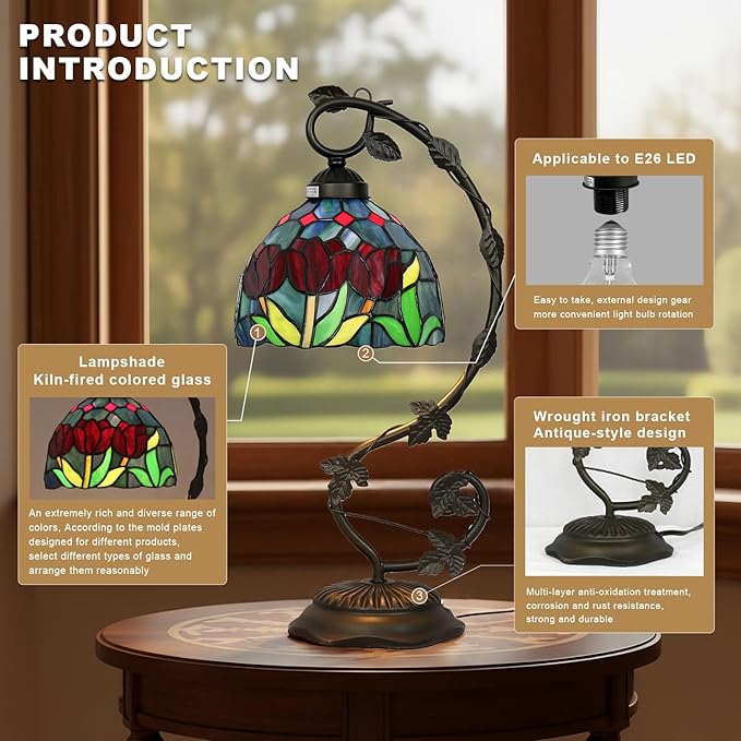 Stained Glass Lamp, Vintage Table Lamp, 8x10x20 Inch Bronze Metal Leaf Base Deco Desk Lamp for Bedroom, Living Room, Study（Tulip）