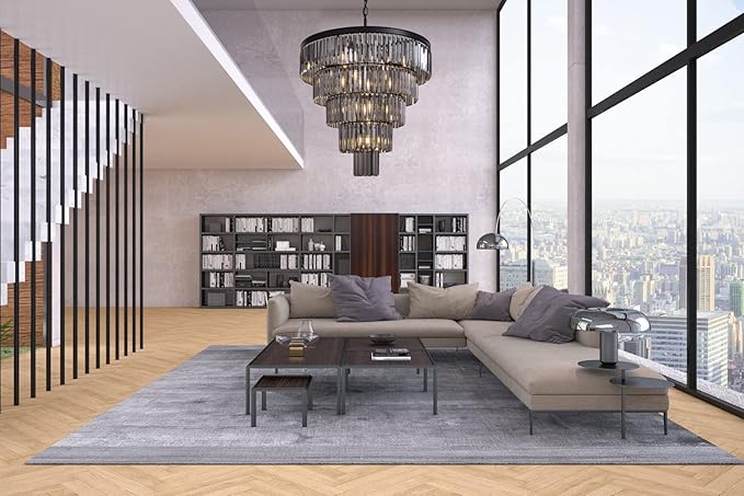 TOCHIC Black Crystal Chandelier for Living Room, 31.5 inch 5-Tiers Modern K9 Smoke Grey Chandeliers Light Fixture for Dining Room, Round Raindrop Large Chandelier for High Ceiling, Staircase, Foyer