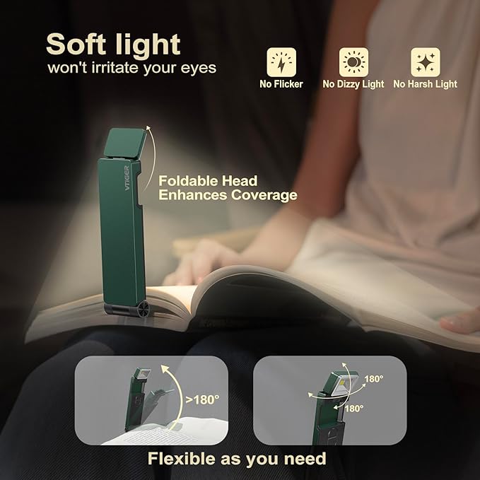 VTIGER Reading Light, USB Rechargeable Book Light for Reading in Bed,Foldable Clip-on LED Booklight, 3 Amber Colors & 4 Brightness Dimmable,Long Lasting Portable Bookmark Lamp for Book Lovers, Kids