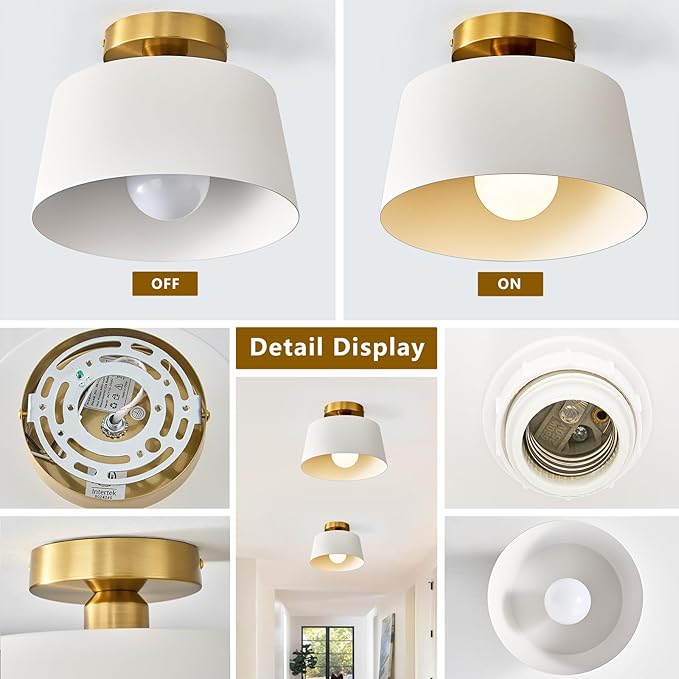 Modern Semi Flush Mount Ceiling Light 3 Pack,Metal Ceiling Light Fixture,E26 Ceramic Lamp Head,White and Gold Ceiling Lamp for Hallway Kitchen Entryway Bedroom Laundry Room (10Inch)