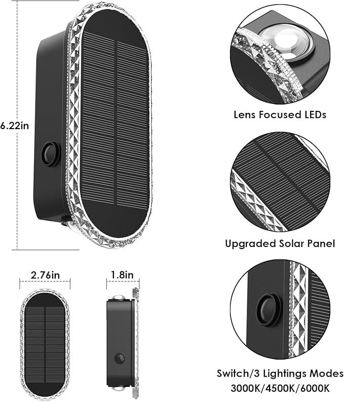 4PK Solar Fence Lights Outdoor - 3000/4000/6000K 3 Modes, IP65 Waterproof Fence Lights Solar Powered, Solar Wall Lights Outdoor for Backyard/Garden/Patio/Garage and Wall Decor