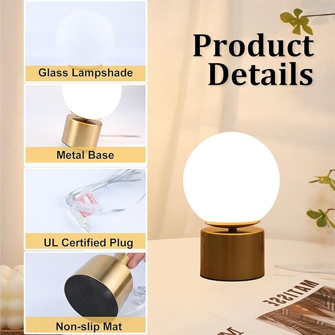 9 Inch Modern Gold Globe Table Lamp, Vintage Mid Century Round Table Lamp with White Glass Shade Metal Base for Bedroom Bedside Lamp Living Room End Table