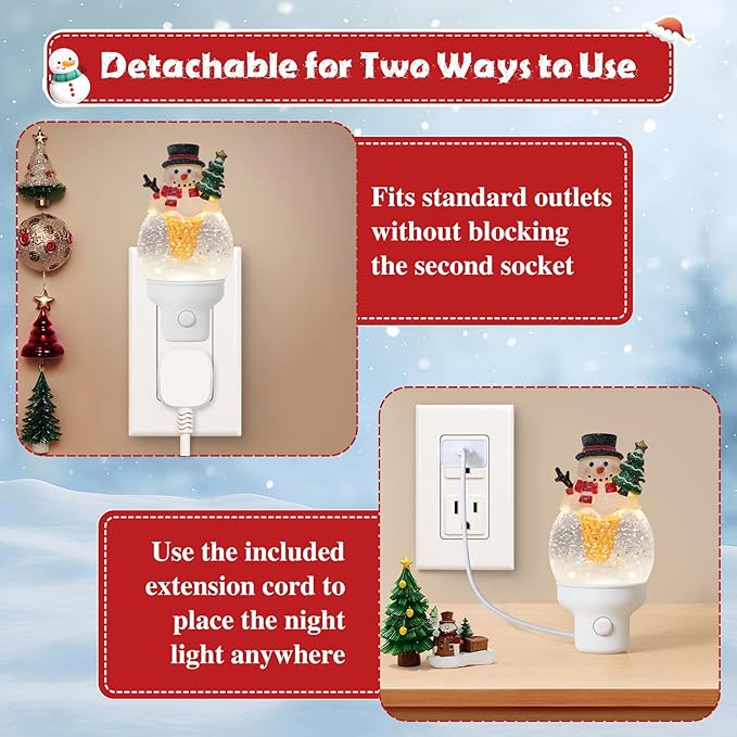 2 Pack Christmas Night Light Plug into Wall Glitter Water Nightlight with USB/Outlet Options, Christmas Snowman Ice Cream Decorative Nightlight for Holiday Decorations Gifts (Snowman Ice Cream)