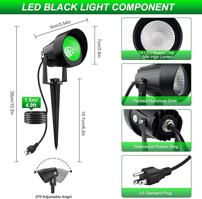 Christmas Green Landscape Spotlights, 14 LED Landscape Lighting with US Plug, IP65 Waterproof Outdoor for Tree Yard Garden Pathway Halloween Decor, 4 Pack
