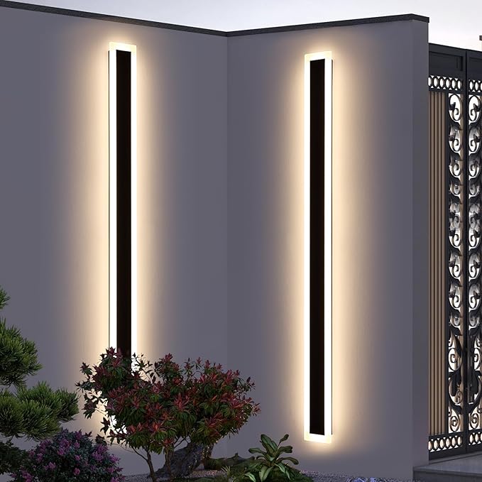 Upgrade Widened 2 Pack Modern Outdoor Wall Light, 71inch Minimalist LED Wall Sconce, 3 Color 3000K/4500K/6000K, 60W, IP65 Waterproof, Black Long Exterior Lighting Fixture for Patio, Garden, Garage