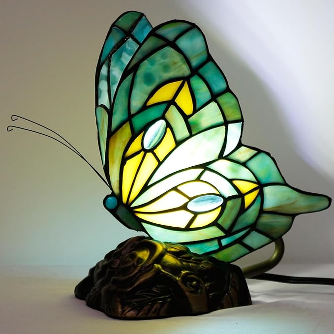 Small Tiffany Table lamp Stained Glass Butterfly Desk Lamp 7X5X9.8 Inch Accent Antique Light (Green Butterfly)