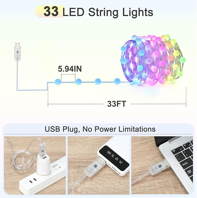 16.5ft Star String Lights, 33 LED RGB Color Changing String Fairy Lights, Smart APP & IR Remote Control, 200+ Scene Modes for Bedroom Backdrop Indoor Outdoor Christmas Decorations