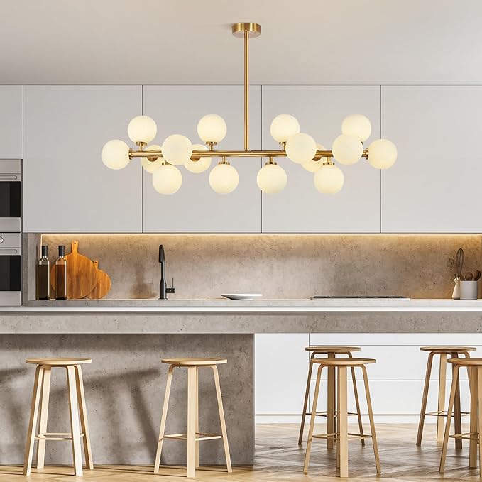 KCO Lighting Modern Glass Linear Pendant Light White Globe Chandelier Light Fixture Gold Rectangle Chandelier 16 Light Brass Globe Sputnik Dining Room Chandelier Mid Century Pendant Light