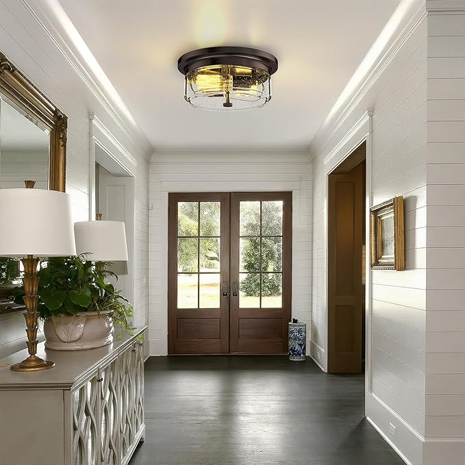 Black Flush Mount Ceiling Light Fixtures, 2-Light Ceiling Mount for Farmhouse with Seeded Glass Lampshade, Industrial Flush Mount Light Fixture Farmhouse for Hallway, Kitchen, Entryway and Foyer