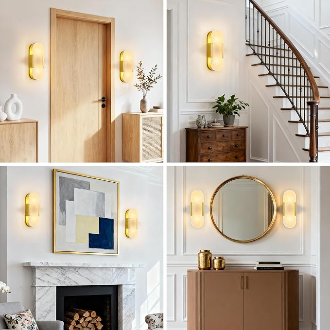 Brass Alabaster Wall Sconces Set of Two, Modern Natural Marble Wall Sconces for Indoor Lighting, 13.8 in Gold Wall Lights for Bathroom Dining Room Stairs Bedroom