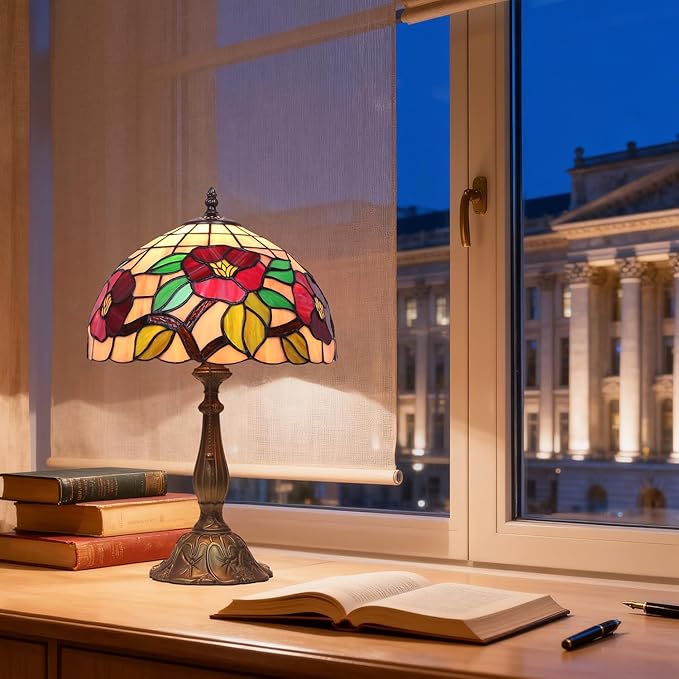Stained Glass Lamp,12 Inch Vintage Art Glass Table Lamp,Antique Decor Lamp for Bedroom,Living Room,Home Office (Flower)