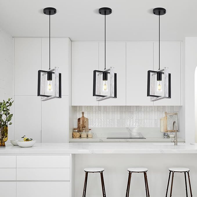 9MMML Wood Pendant Light Kitchen Island, Farmhouse Hanging Lamp with 62'' Height Adjustable Cord, Small Ceiling Pendant Light Fixture for Dining Room, Entryway, Foyer