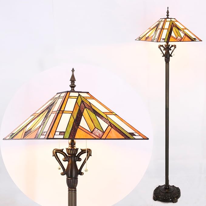 Tiffany Floor Lamp Bronze Mission Style Stained Glass Standing Reading Light 16X16X64 Inch