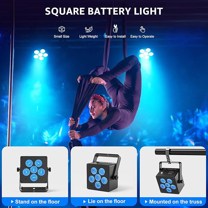 Battery Powered Stage Lights, LED Par Lights RGBWA+UV 60W, Rechargeable Par Can Light with 5500mAh Battery, Remote DMX Sound Activated Uplights for Events, Party, Wedding, Concert - 4Pcs