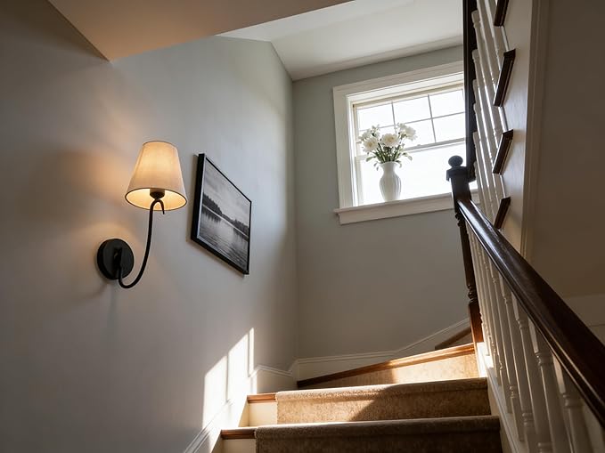 PERMO Matte Black Wall Sconce with Linen Fabric Shade E26 Hardwired Wall Light Goose-Neck Design Industrial Vintage Wall Lamp for Bedroom, Living Room, Hallway