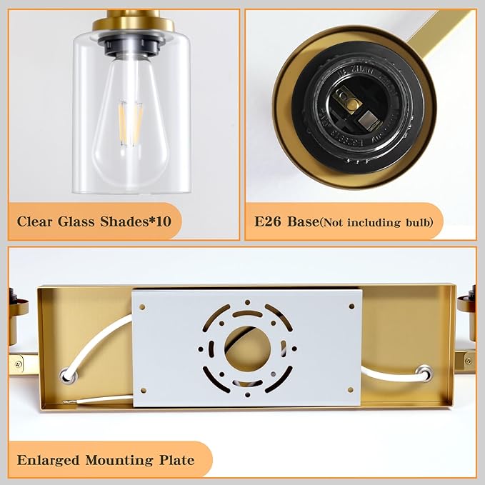 Gold Bathroom Vanity Light,10-Light Brushed Gold Bathroom Light Fixtures with Clear Glass,64.5in Wall Lamp Sconces for Mirror Bedroom,Living Room Hallway,E26