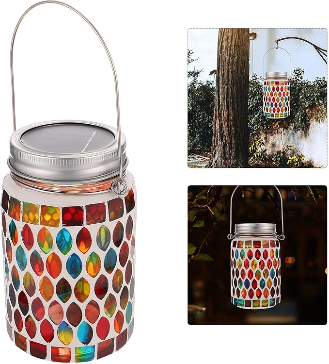 Happyyami Solar Mosaic Garden Lantern Outdoor Solar Table Lamp for Patio Lawn Hanging Decorative Jar