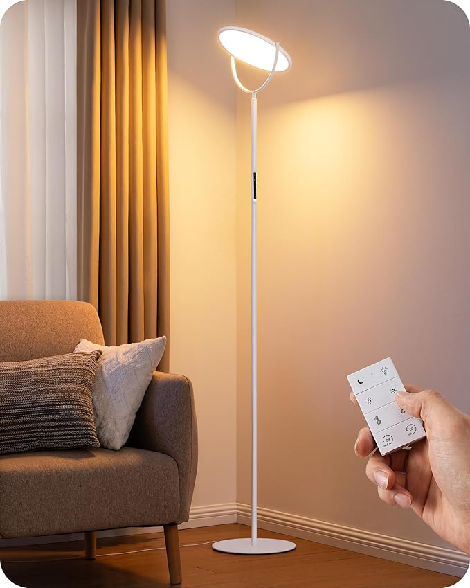 EDISHINE 76" Tall Floor Lamp, 28W 2500LM Bright LED Lights for Living Room, 300° Flexible Head Modern Torchiere Corner Lamps with Remote, 2700K-6500K Dimmable Standing Lamps for Bedroom, Office, White