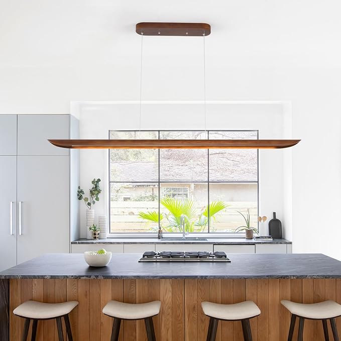71" Wood Linear Pendant Light, Dimmable Kitchen Island Lighting with Remote, 40W LED Island Lights for Kitchen, Adjustable Linear Chandelier for Dinning Room Light Fixture, Bar, Pool Table Light