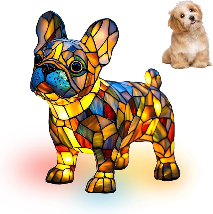 French Bulldog Night Light, LED Dog Series Art Light, Cute Pet Themed Stained Resin Table Lamps, Vintage Home Decor, Fun Gift for Dog Lovers (#01, 7.87")