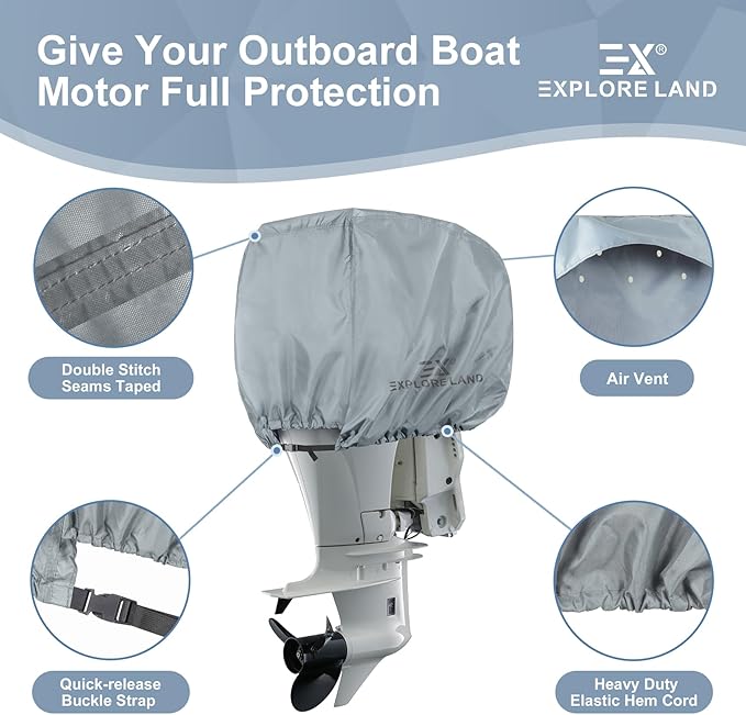 Explore Land Outboard Motor Cover - Waterproof 600D Heavy Duty Boat Engine Hood Covers - Fit for Motor up to 25 HP, Grey