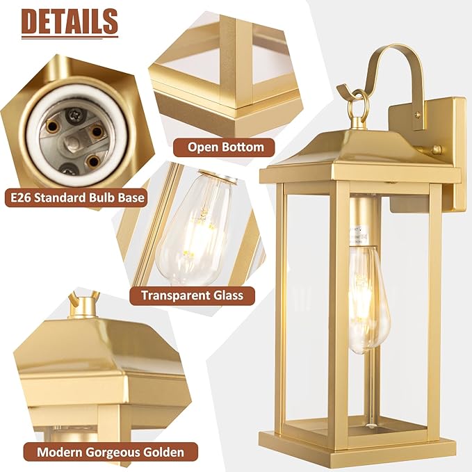 17 Inch Large Gold Outdoor Sconces Wall Lighting 2-Pack, Exterior Light Fixtures IP65 Waterproof Anti-Rust, Brass Porch Lights Clear Glass Outdoor Coach Lanterns Outside Wall Mounted Lamps