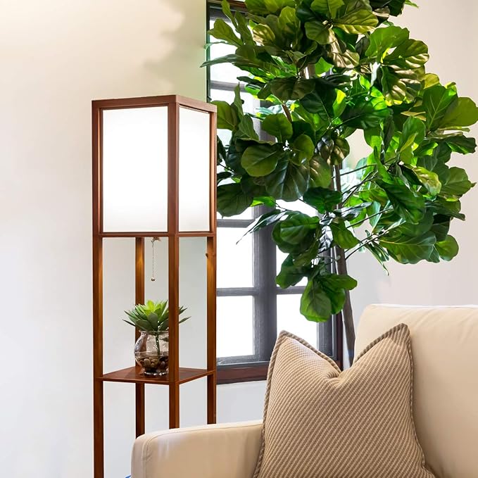 Brightech Maxwell - Modern Shelf Floor Lamp with Lamp Shade and LED Bulb - Corner Display Floor Lamps with Shelves for Living Room, Bedroom and Office - Walnut Brown