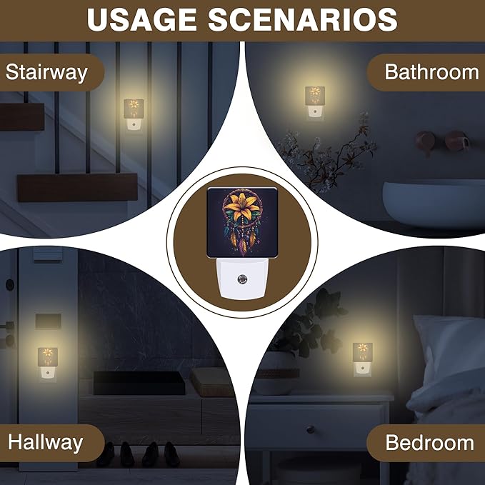 Dream Catcher Flowers Night Light, Colorful Feathers Plug-in Nightlight with Dusk to Dawn Auto Sensor for Home Bedroom Hallway Kitchen 0.5W Sleep Friendly Led Lamp for Women Men