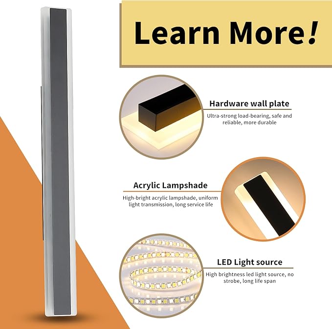 47inch Modern Wall Sconces, Long Linear Outdoor Wall Lights, 3 Color 3000K/4500K/6000K, IP65 Waterproof, Black Exterior Wall Light Fixture for House, Patio, Garage, Garden, House
